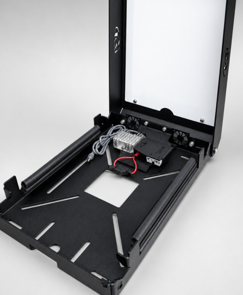 Boss Step-Up Power Module installed inside an open Boss Pro Lockable Starlink Mini Mount case, wired to the 12V input