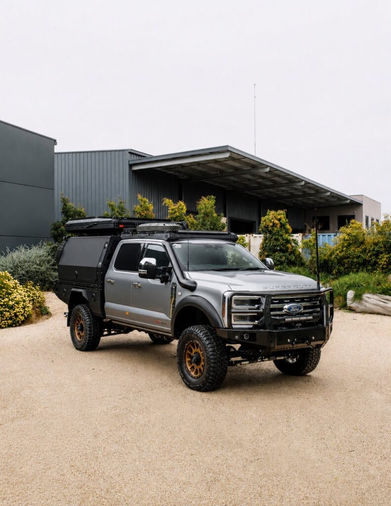 Silver Ford F-250/F-350 Super Duty fitted with a Boss cab rack, canopy and roof-top tent