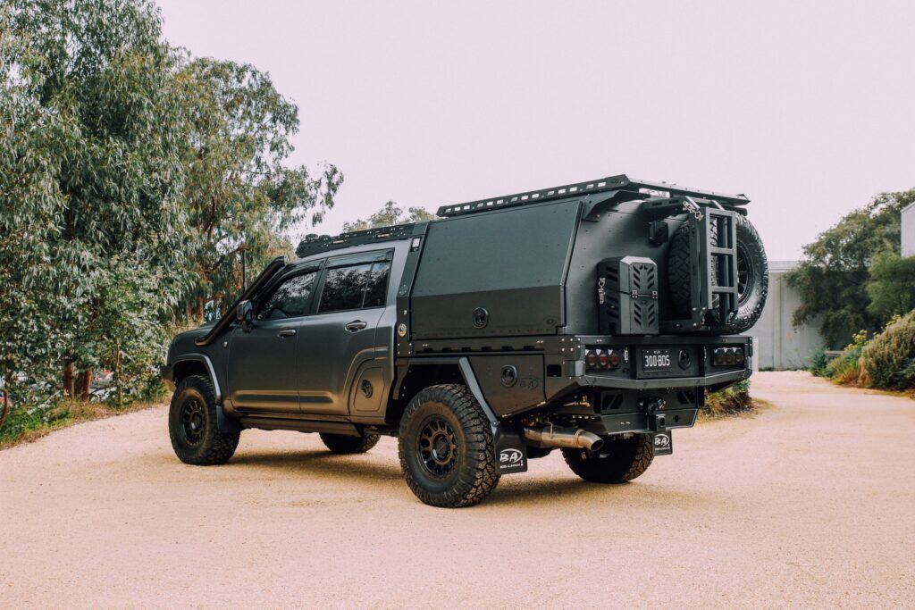Boss LC300 JMACX Chop Cab Rack and canopy on a Toyota LandCruiser 300 Series chop conversion - rear three-quarter view