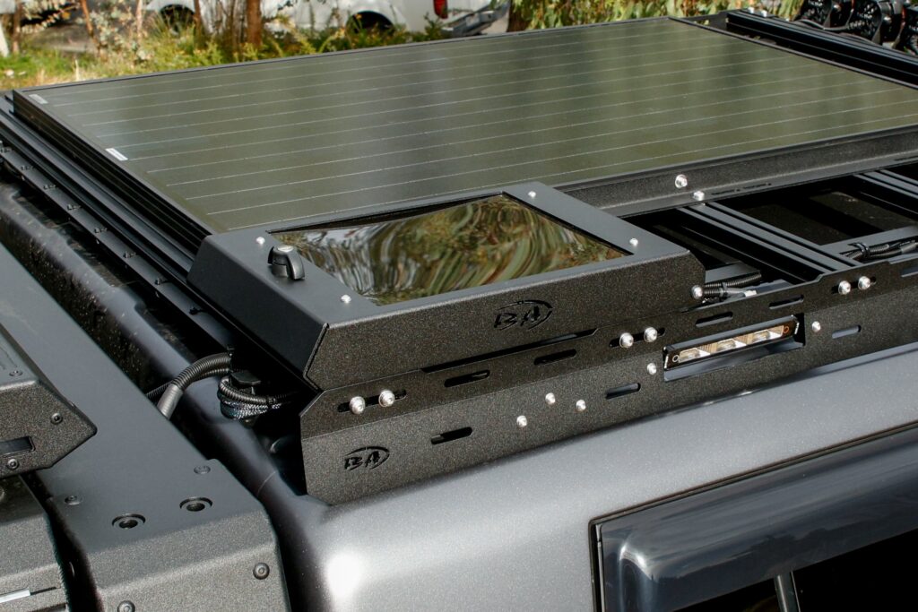 Close-up of the Boss LC300 JMACX Chop Cab Rack mounting hatch with Boss Aluminium branding