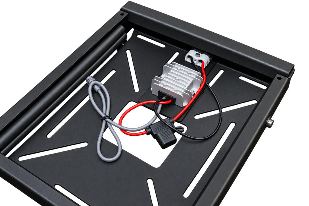 Boss Step-Up Power Module installed inside the base of a Boss Core Starlink Mini Mount, wired with a fused 12V lead and Anderson connector