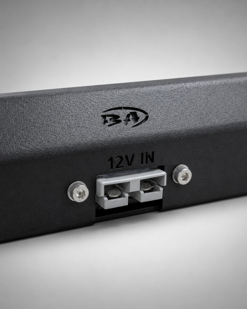 Close-up of the 12V IN Anderson connector inlet on a Boss Core Starlink Mini Mount rail