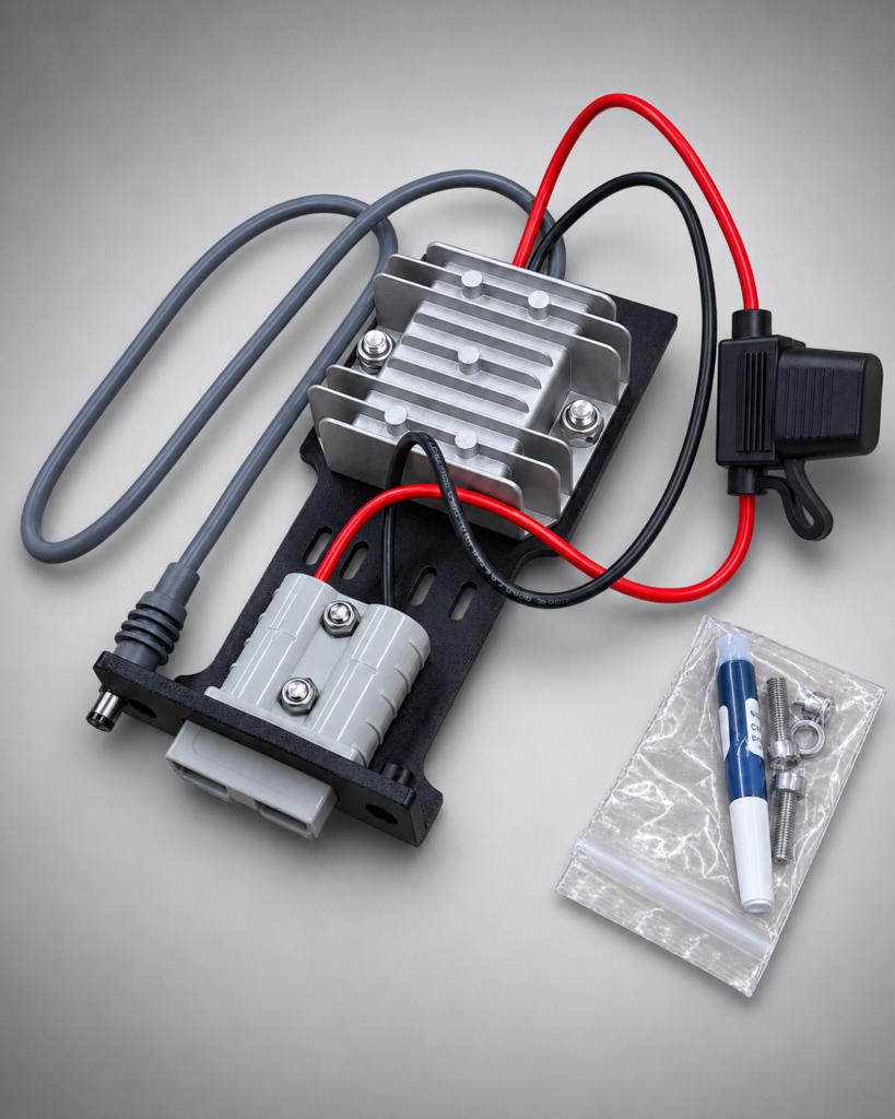 Boss Step-Up Power Module kit — step-up converter on its black powder-coated bracket with Anderson plug, fused 12V lead and mounting hardware